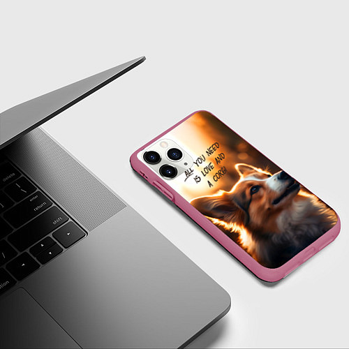 Чехол iPhone 11 Pro матовый Любовь и корги / 3D-Малиновый – фото 3