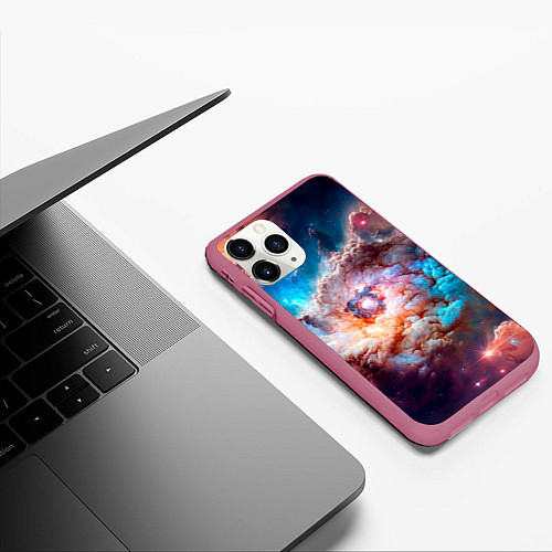 Чехол iPhone 11 Pro матовый Небула в космосе в голубо-розовых тонах - нейронна / 3D-Малиновый – фото 3