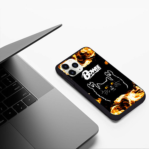 Чехол iPhone 11 Pro матовый David Bowie рок кот и огонь / 3D-Черный – фото 3