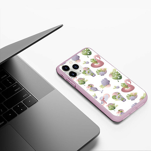 Чехол iPhone 11 Pro матовый Пляжный паттерн с коктейлями и фламинго / 3D-Розовый – фото 3