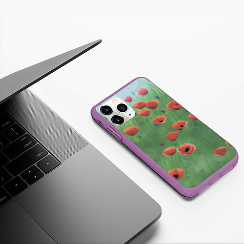 Чехол iPhone 11 Pro матовый Красные маки в поле / 3D-Фиолетовый – фото 3