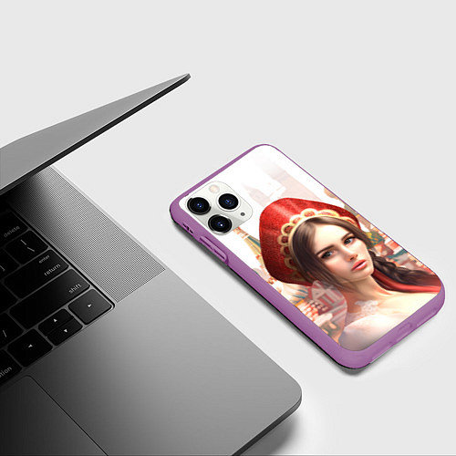 Чехол iPhone 11 Pro матовый Девушка в кокошнике с косой - кремль / 3D-Фиолетовый – фото 3