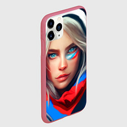Чехол iPhone 11 Pro матовый Девушка с голубыми глазами в флаге, цвет: 3D-малиновый — фото 2