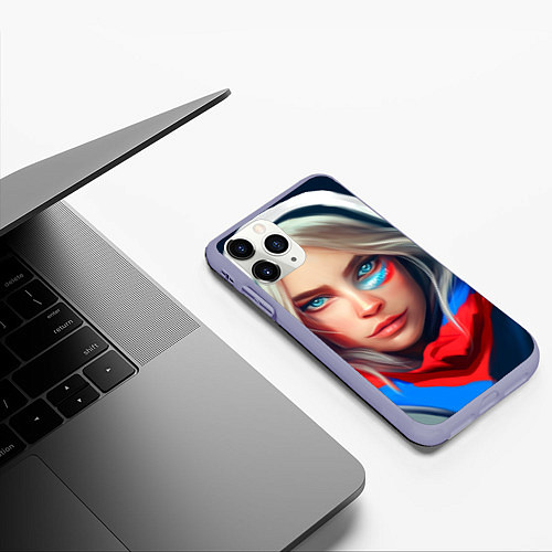 Чехол iPhone 11 Pro матовый Девушка с голубыми глазами в флаге / 3D-Светло-сиреневый – фото 3