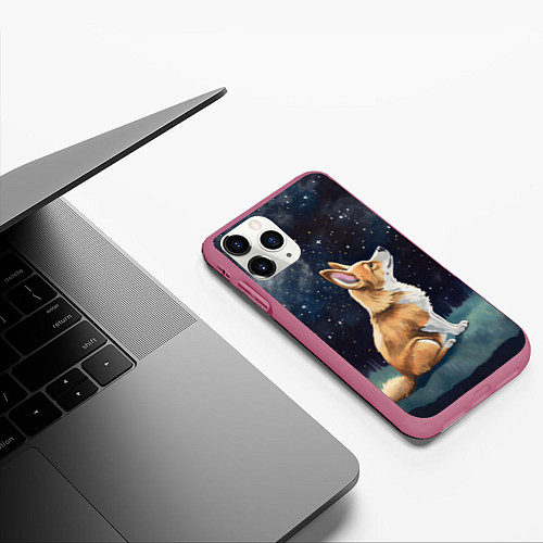 Чехол iPhone 11 Pro матовый Корги и звездное небо - акварель / 3D-Малиновый – фото 3