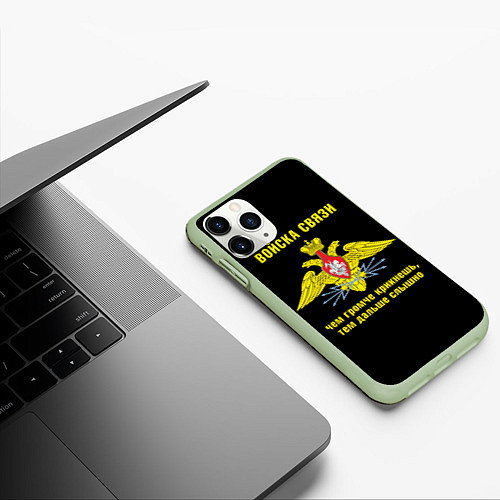 Чехол iPhone 11 Pro матовый Войска связи - герб / 3D-Салатовый – фото 3