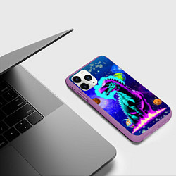 Чехол iPhone 11 Pro матовый Динозавр в космосе - неоновое свечение, цвет: 3D-фиолетовый — фото 2