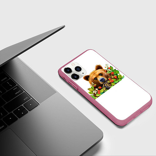 Чехол iPhone 11 Pro матовый Медведь / 3D-Малиновый – фото 3
