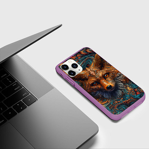 Чехол iPhone 11 Pro матовый Морда лисы на фрактальных узорах / 3D-Фиолетовый – фото 3