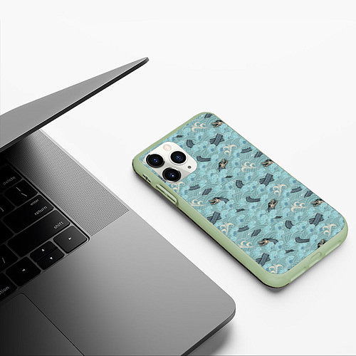 Чехол iPhone 11 Pro матовый Японский дракон на волнах паттерн / 3D-Салатовый – фото 3