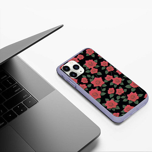 Чехол iPhone 11 Pro матовый Алые розы на черном / 3D-Светло-сиреневый – фото 3