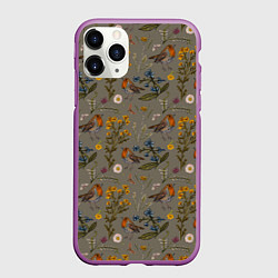 Чехол iPhone 11 Pro матовый Малиновки и зверобой, цвет: 3D-фиолетовый
