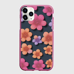 Чехол iPhone 11 Pro матовый Разноцветные ромашки, цвет: 3D-малиновый