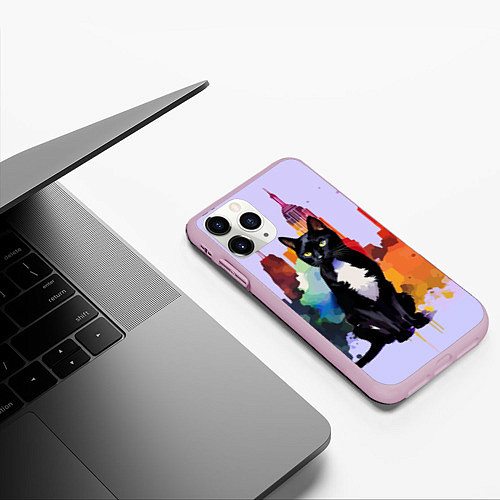 Чехол iPhone 11 Pro матовый Милая кисуля в Нью-Йорке - акварель / 3D-Розовый – фото 3
