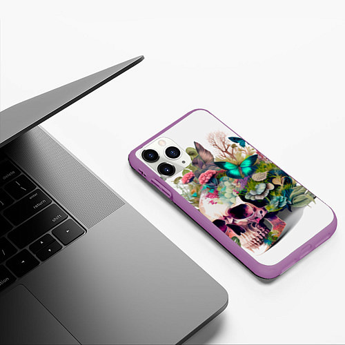 Чехол iPhone 11 Pro матовый Красивый череп с листьями и бабочками / 3D-Фиолетовый – фото 3