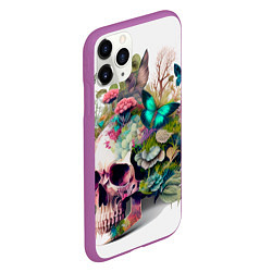 Чехол iPhone 11 Pro матовый Красивый череп с листьями и бабочками, цвет: 3D-фиолетовый — фото 2