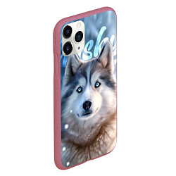 Чехол iPhone 11 Pro матовый Хаски с голубыми глазами в зимнем лесу, цвет: 3D-малиновый — фото 2