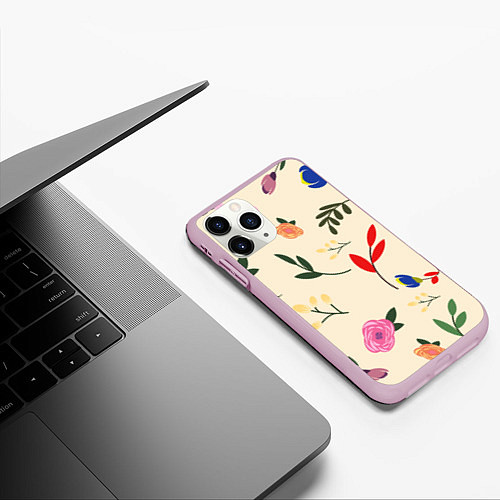 Чехол iPhone 11 Pro матовый Цветы и веточки паттерн / 3D-Розовый – фото 3