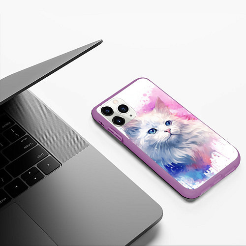 Чехол iPhone 11 Pro матовый Белая кошечка акварель / 3D-Фиолетовый – фото 3