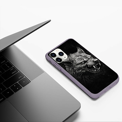 Чехол iPhone 11 Pro матовый Волк - grunge style / 3D-Серый – фото 3