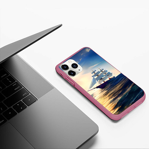 Чехол iPhone 11 Pro матовый Парусный корабль бриг / 3D-Малиновый – фото 3