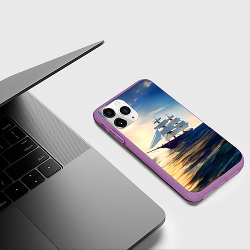 Чехол iPhone 11 Pro матовый Парусный корабль бриг / 3D-Фиолетовый – фото 3