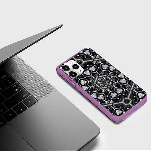 Чехол iPhone 11 Pro матовый Чёрный квантовый паттерн / 3D-Фиолетовый – фото 3
