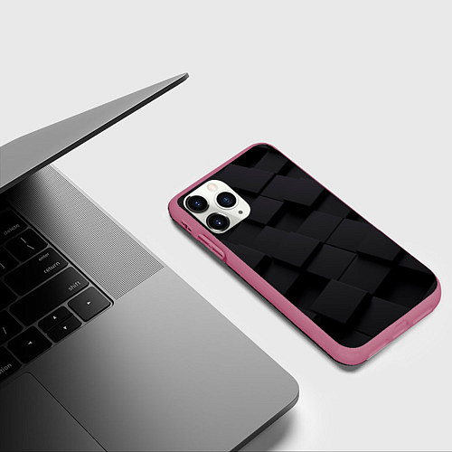 Чехол iPhone 11 Pro матовый Чёрные геометрические блоки / 3D-Малиновый – фото 3