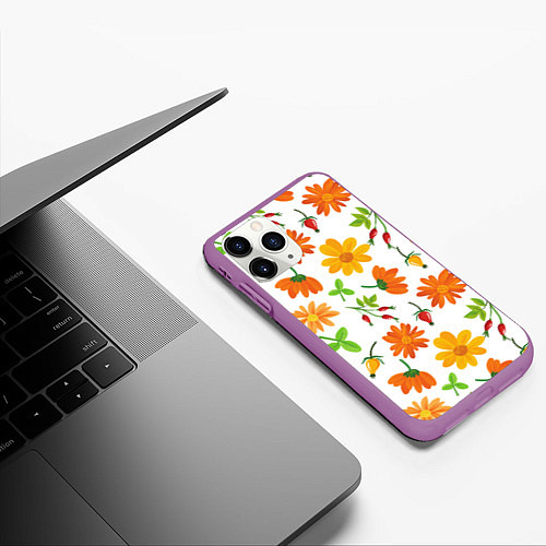 Чехол iPhone 11 Pro матовый Orange flowers / 3D-Фиолетовый – фото 3