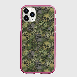 Чехол iPhone 11 Pro матовый Камуфляж с черепами и долларами, цвет: 3D-малиновый