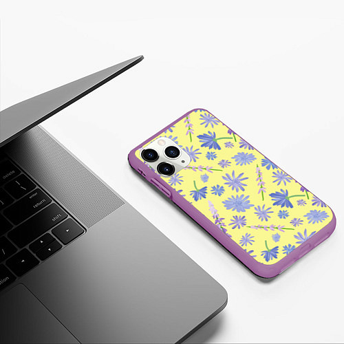 Чехол iPhone 11 Pro матовый Cute blue flowers / 3D-Фиолетовый – фото 3