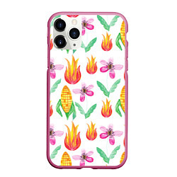 Чехол iPhone 11 Pro матовый Кукуруза и цветочки, цвет: 3D-малиновый