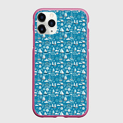 Чехол iPhone 11 Pro матовый Белые кораблики паттерн, цвет: 3D-малиновый