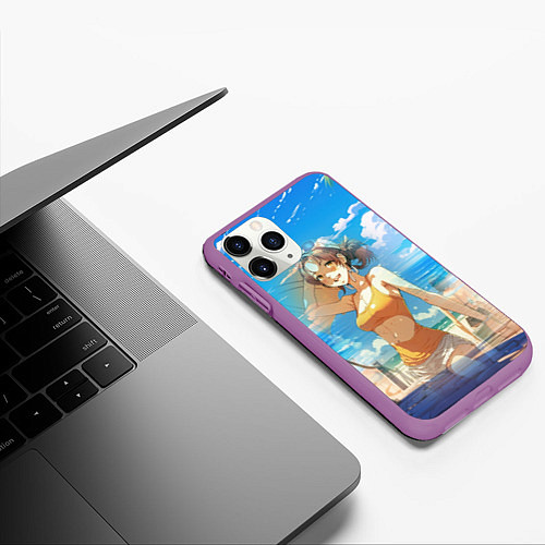 Чехол iPhone 11 Pro матовый Девушка на пляже аниме / 3D-Фиолетовый – фото 3