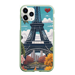 Чехол iPhone 11 Pro матовый Эйфелева башня в цветах, цвет: 3D-салатовый