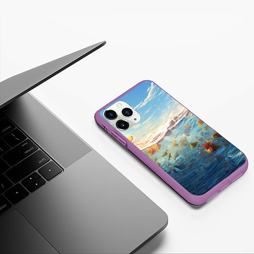 Чехол iPhone 11 Pro матовый Рыбки выплескиваются из воды / 3D-Фиолетовый – фото 3