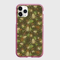 Чехол iPhone 11 Pro матовый Камуфляж из пауков, цвет: 3D-малиновый