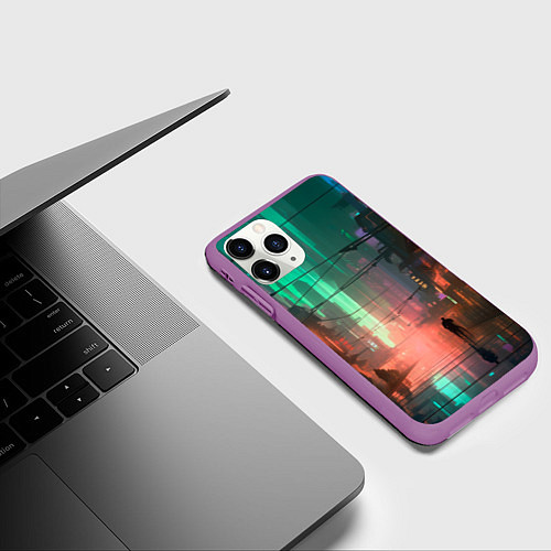 Чехол iPhone 11 Pro матовый Кибер город будущего / 3D-Фиолетовый – фото 3