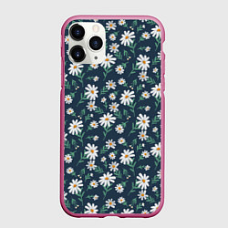 Чехол iPhone 11 Pro матовый Паттерн с ромашками, цвет: 3D-малиновый