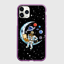 Чехол iPhone 11 Pro матовый Skeleton astronaut eats pizza while sitting on the, цвет: 3D-фиолетовый