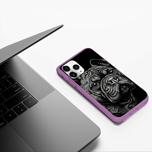 Чехол iPhone 11 Pro матовый Бульдог стиль тату / 3D-Фиолетовый – фото 3