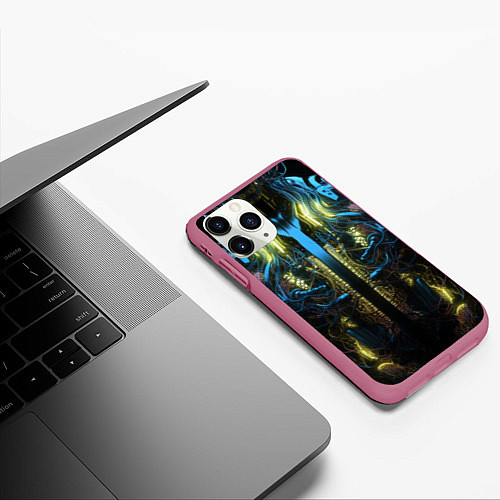 Чехол iPhone 11 Pro матовый Туловище киборга желтый неон / 3D-Малиновый – фото 3