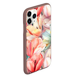 Чехол iPhone 11 Pro матовый Разноцветные пастельные тюльпаны - паттерн, цвет: 3D-коричневый — фото 2