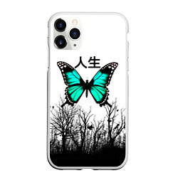 Чехол iPhone 11 Pro матовый С бабочкой на фоне японского иероглифа, цвет: 3D-белый