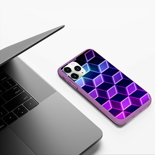 Чехол iPhone 11 Pro матовый Неоновые кубы иллюзия / 3D-Фиолетовый – фото 3