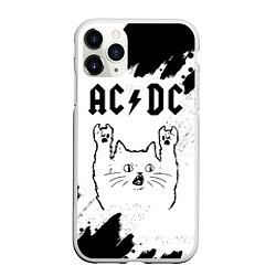 Чехол iPhone 11 Pro матовый AC DC рок кот на светлом фоне, цвет: 3D-белый