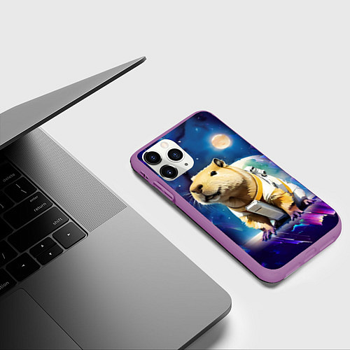 Чехол iPhone 11 Pro матовый Капибара-космонавт - нейросеть / 3D-Фиолетовый – фото 3