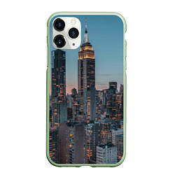 Чехол iPhone 11 Pro матовый Утренний город с небоскребами, цвет: 3D-салатовый