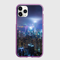 Чехол iPhone 11 Pro матовый Большой город в розово-голубых огнях, цвет: 3D-фиолетовый