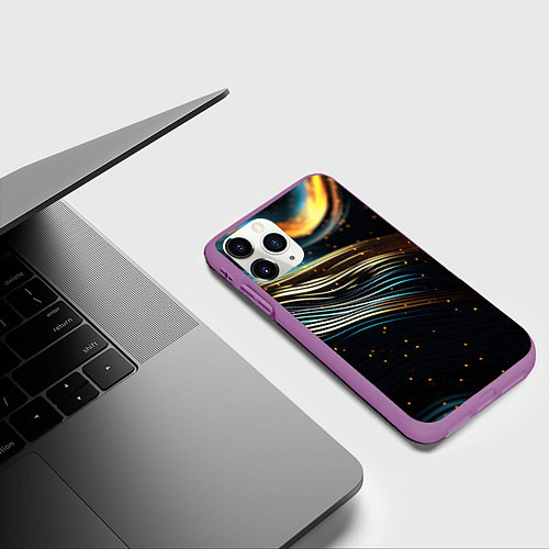Чехол iPhone 11 Pro матовый Золотые волны на черном фоне / 3D-Фиолетовый – фото 3